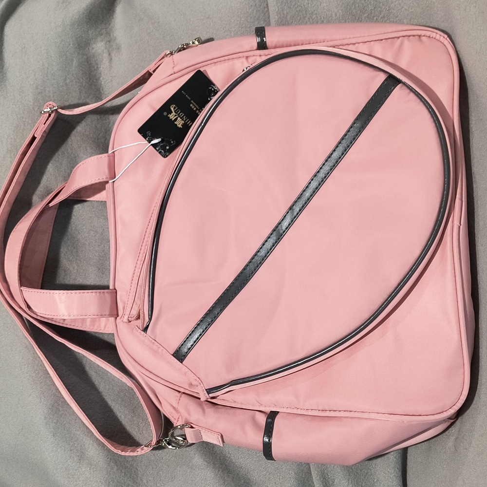 Tennis tote, pink with grey piping and lining.